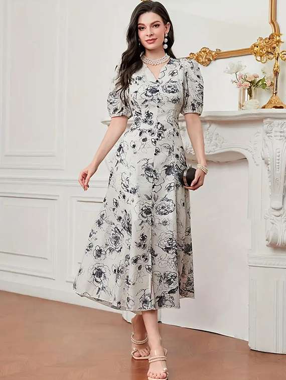 women floral print puff sleeev fit & flare dress - 22142584 - Zoom Image - 0