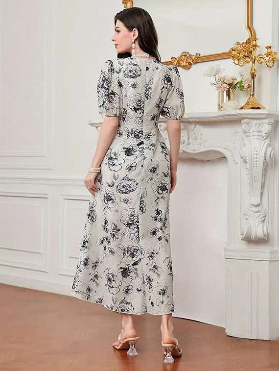 women floral print puff sleeev fit & flare dress - 22142584 - Standard Image - 2