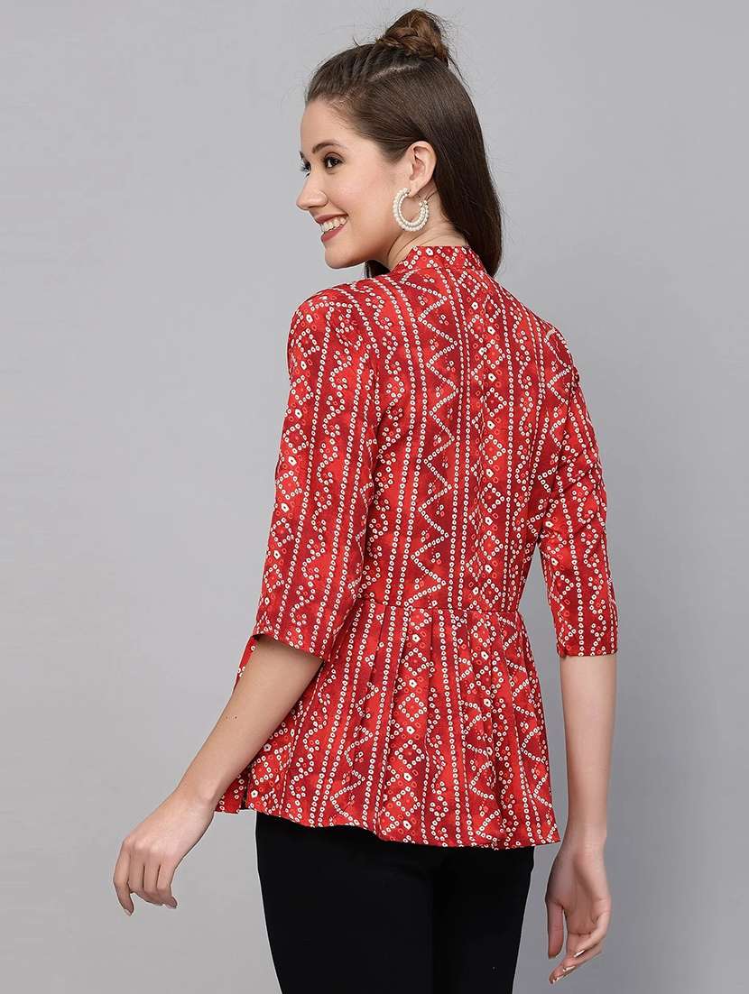 women bandhani print three quarter sleeve top - 22142596 -  Standard Image - 2