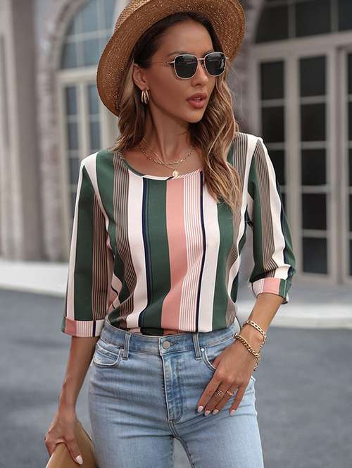 women striped three quarter sleeve regular top - 22142599 -  Standard Image - 0