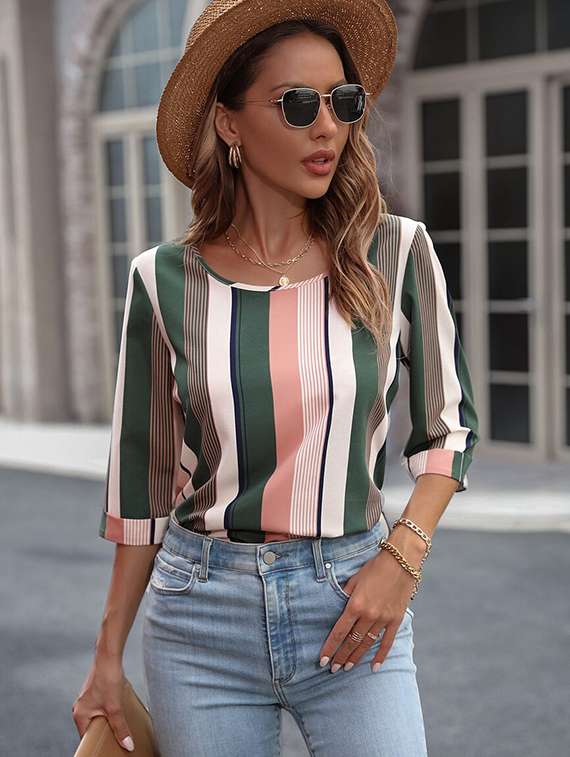 women striped three quarter sleeve regular top