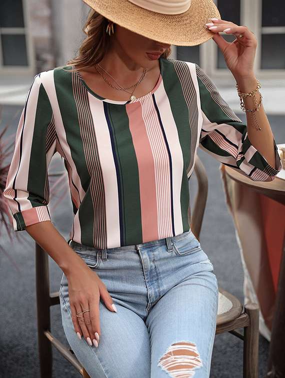 women striped three quarter sleeve regular top - 22142599 -  Standard Image - 2