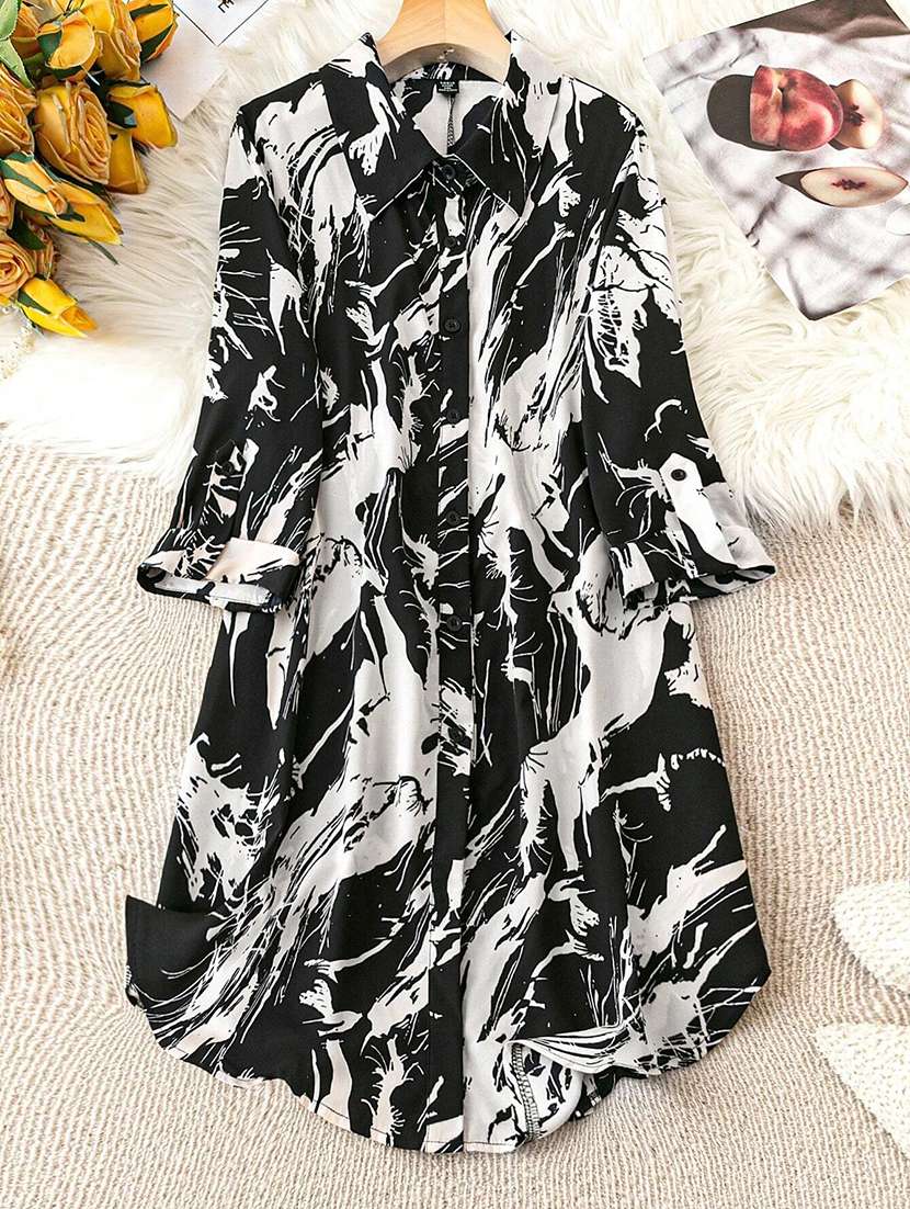 women printed collared bell sleeve shirt dress - 22142614 -  Standard Image - 2