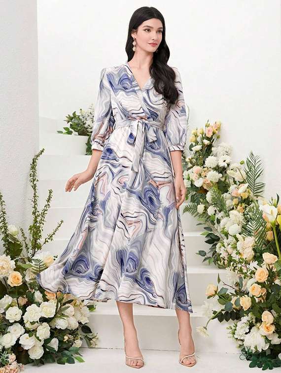 women printed puff sleeve fit & flare dress