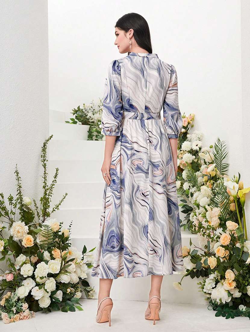 women printed puff sleeve fit & flare dress - 22142615 - Standard Image - 2