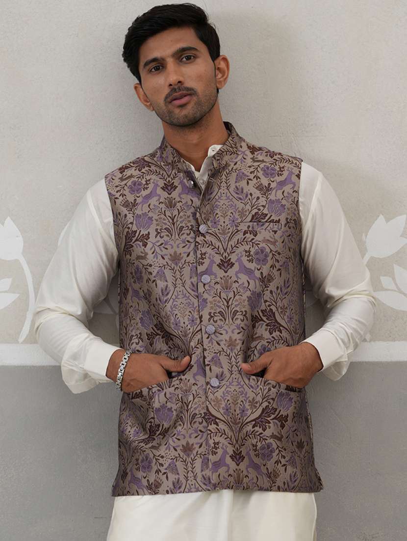 men self design mandarin neck nehru jacket