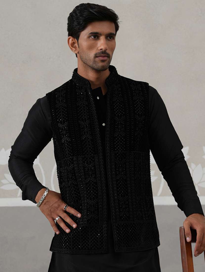 men embroidered mandarin neck nehru jacket