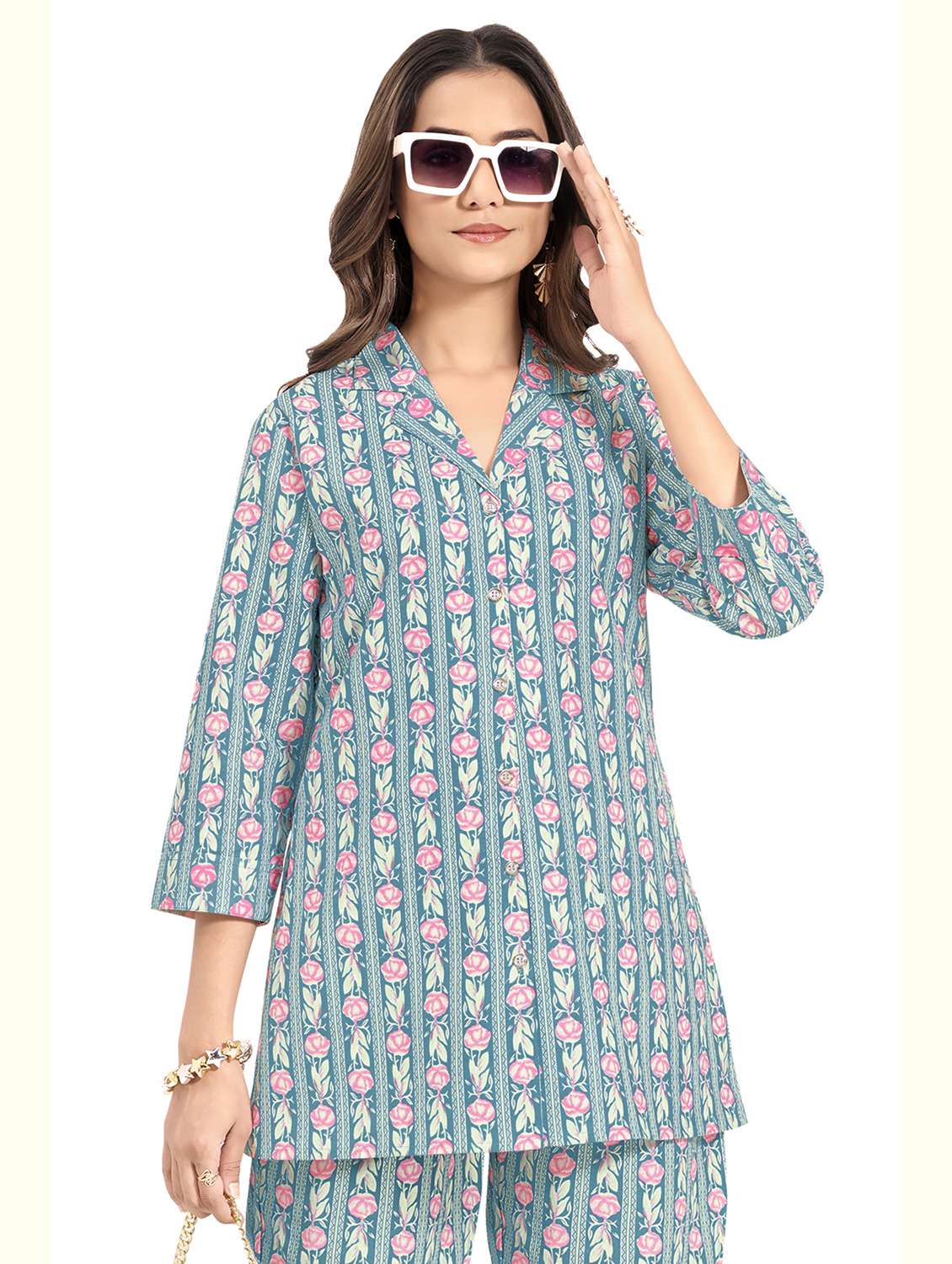 women floral three quarter sleeve ethnic co-ord set - 22142638 - Standard Image - 2