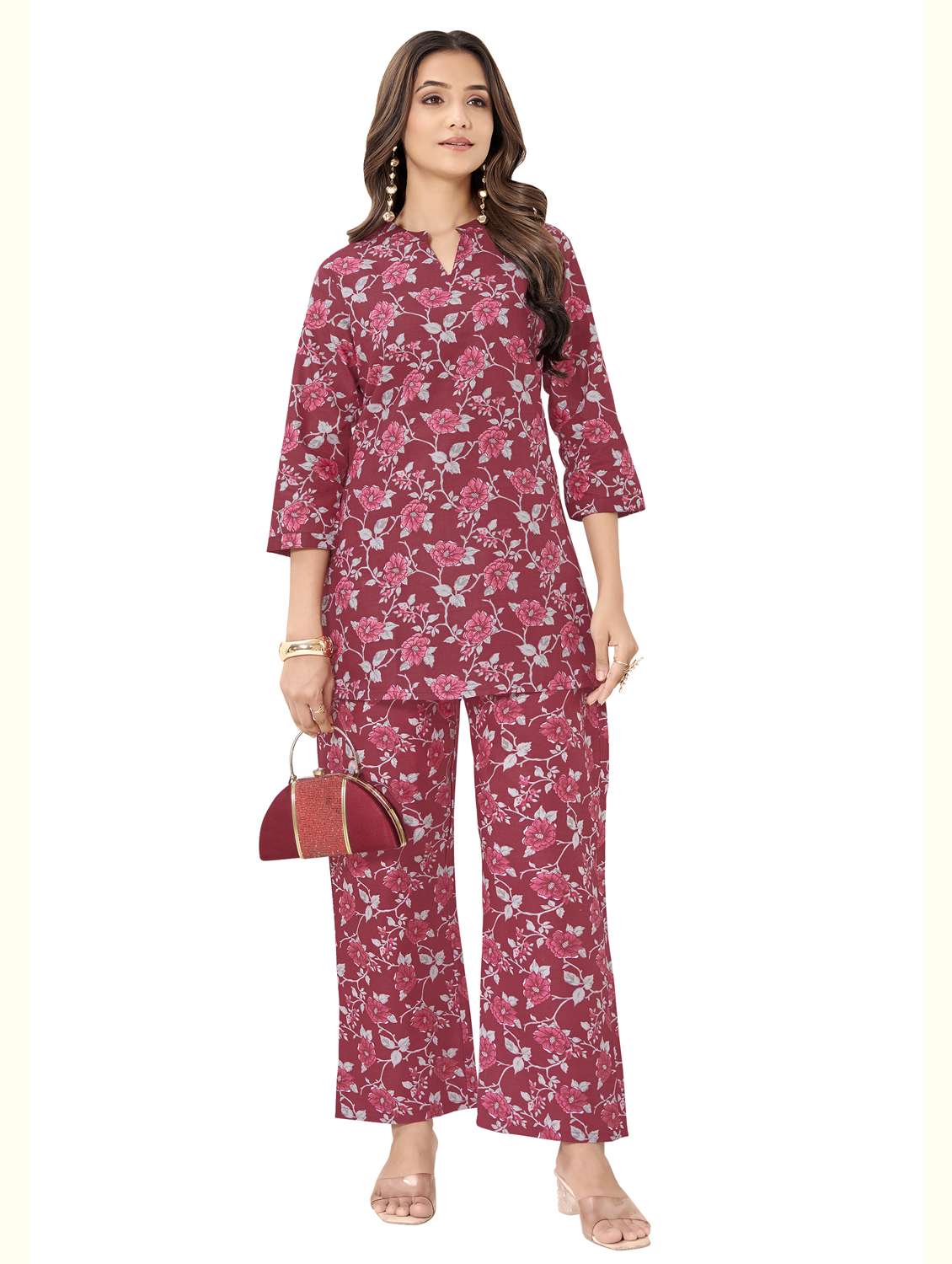 women floral three quarter sleeve ethnic co-ord set