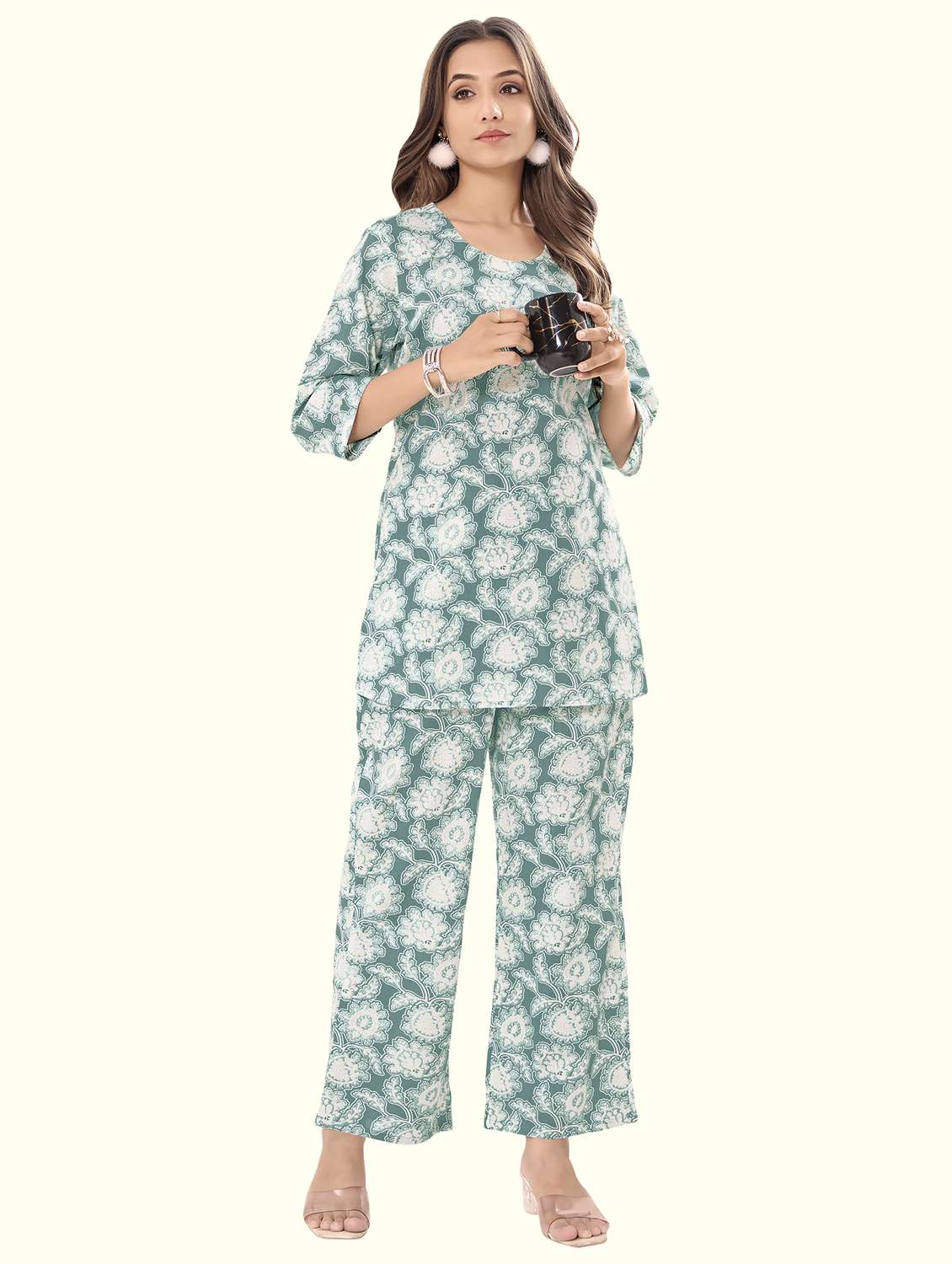 women floral three quarter sleeve ethnic co-ord set