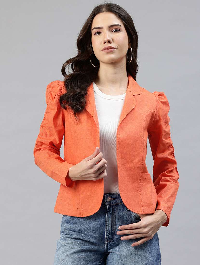 women solid puff sleeve jacket