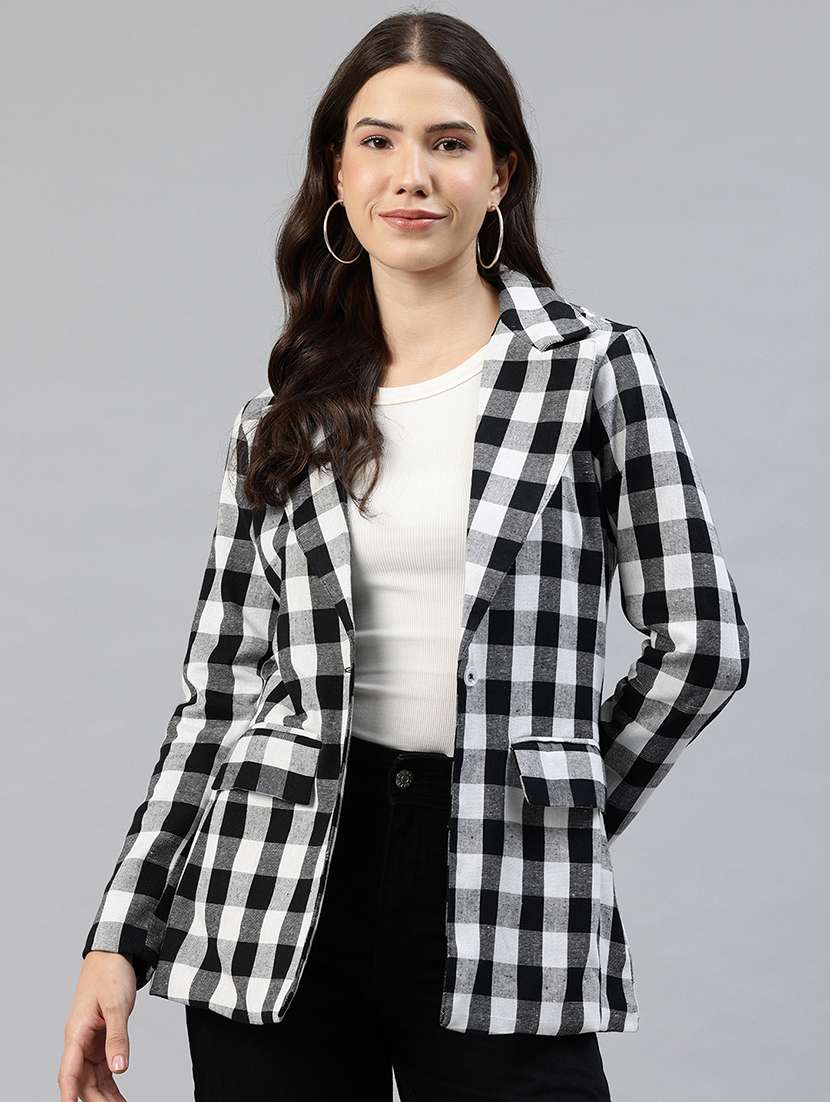 women checkered long sleeve single breasted blazer