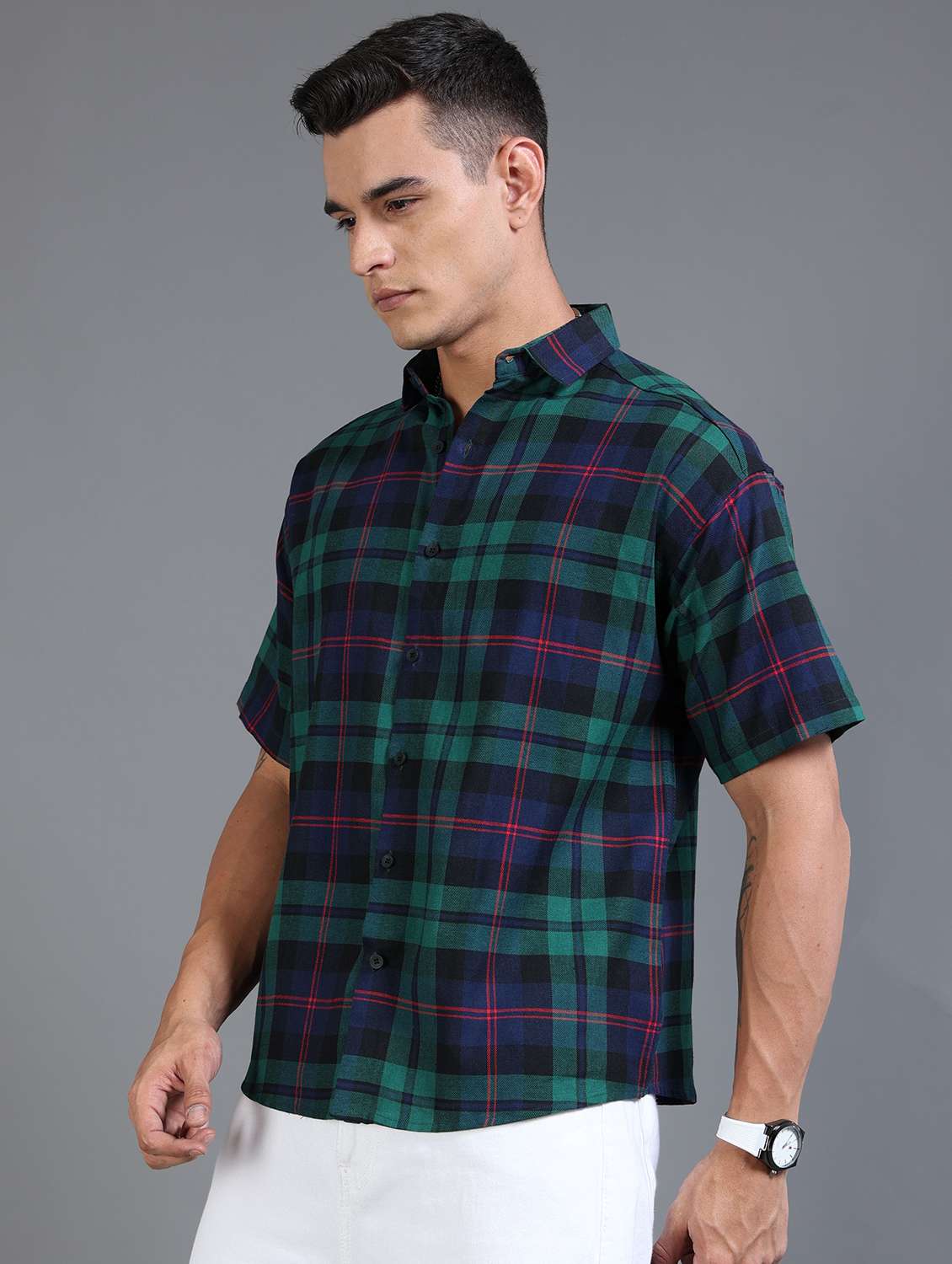 men checkered short sleeve oversized casual shirt - 22142771 - Standard Image - 2