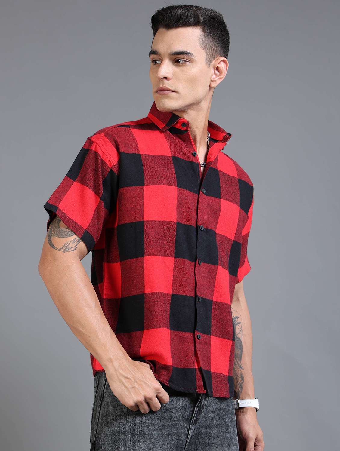 men checkered short sleeve oversized casual shirt - 22142772 - Standard Image - 2
