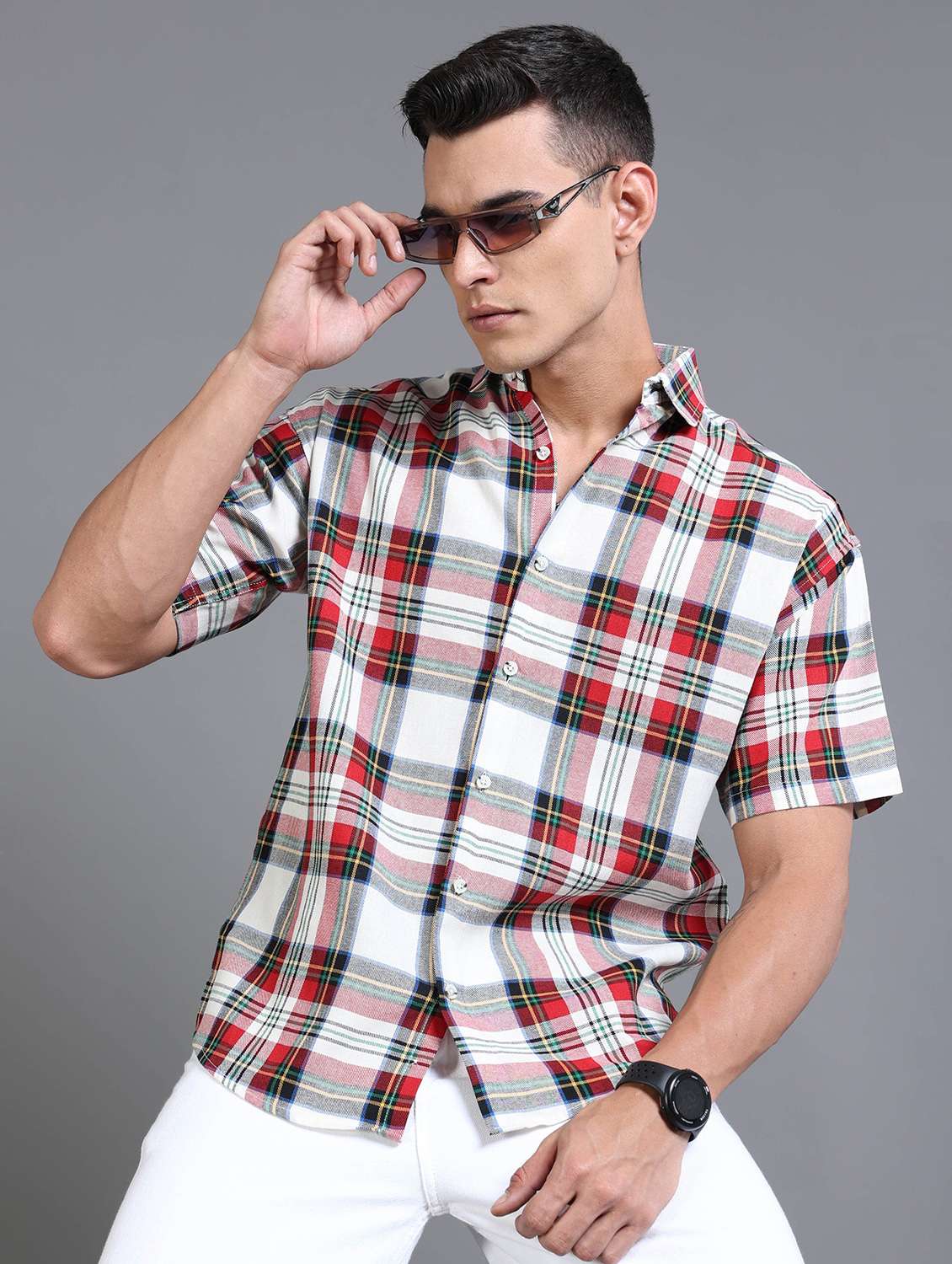men checkered short sleeve oversized casual shirt