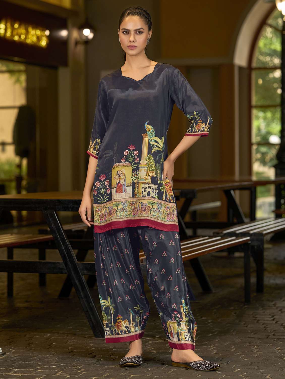 women printed three quarter sleeve co-ord set