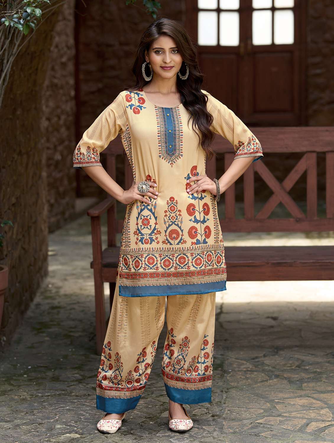 women printed three quarter sleeve co-ord set