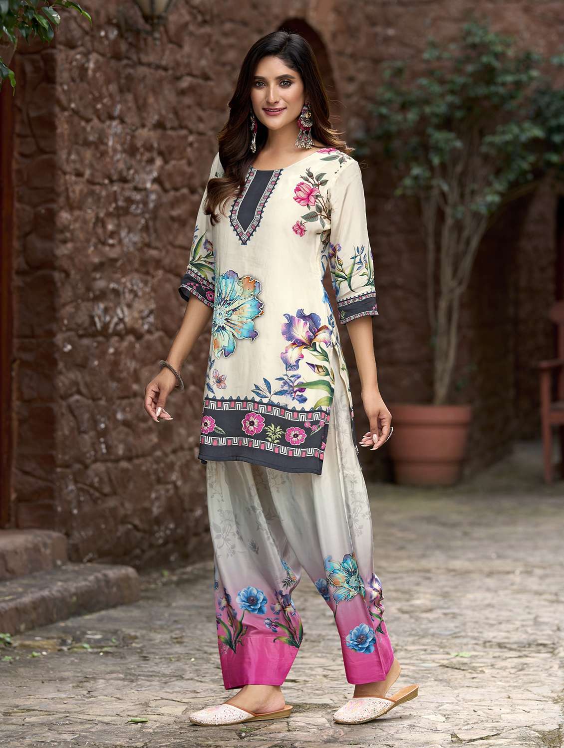 women printed three quarter sleeve co-ord set - 22142889 - Standard Image - 2