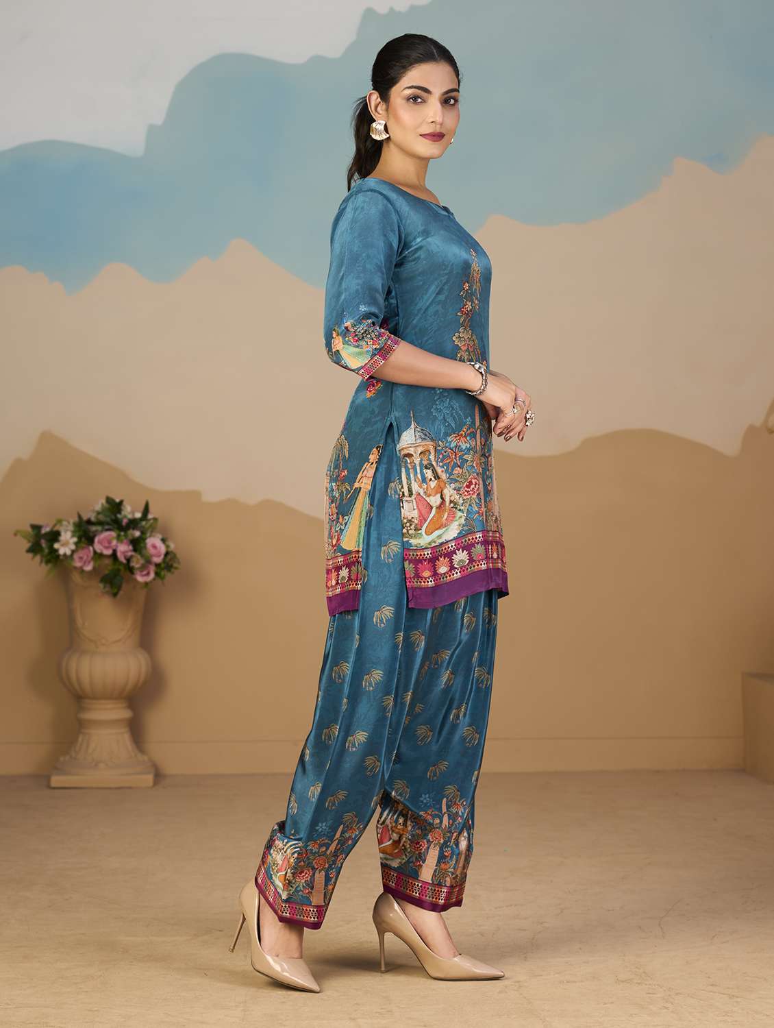 women printed three quarter sleeve co-ord set - 22142895 -  Standard Image - 2