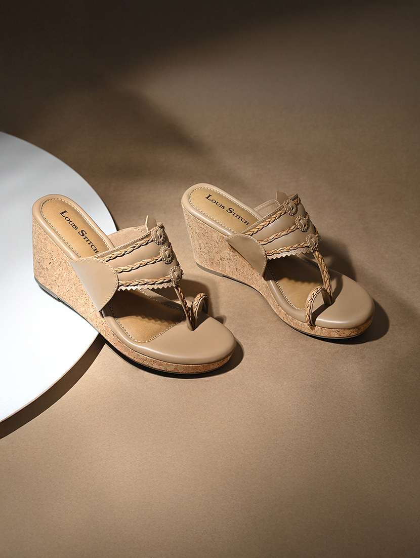 women beige one toe wedge