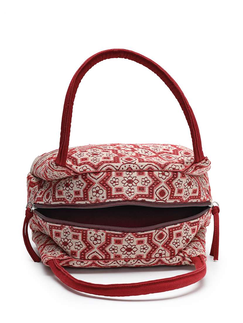 maroon cotton jacquard geometric handheld bag - 22143032 -  Standard Image - 2