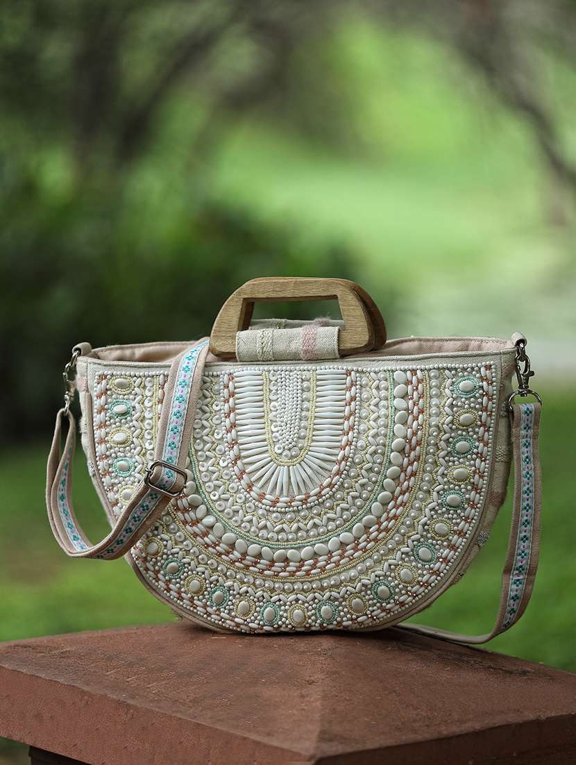 embellished cotton beige handbag with wooden handle