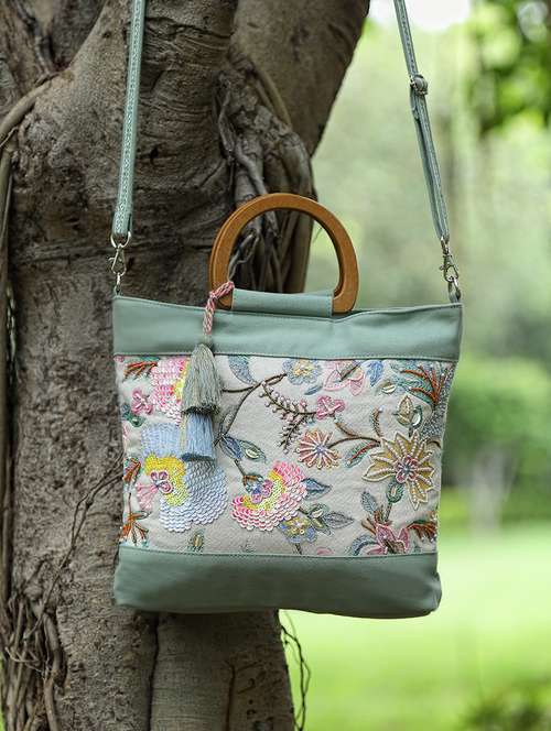 floral embroidered handbag with wooden handles - 22143034 -  Standard Image - 0