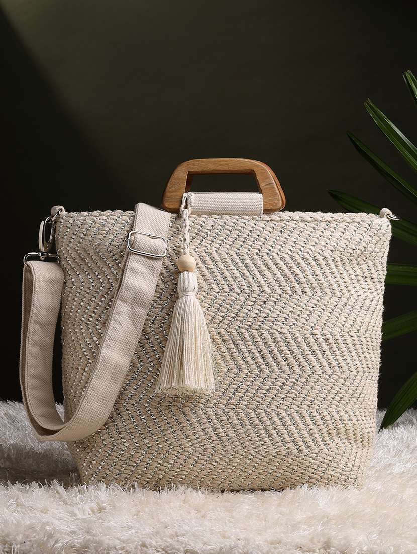 chevron handwoven cotton handbag with detachable strap