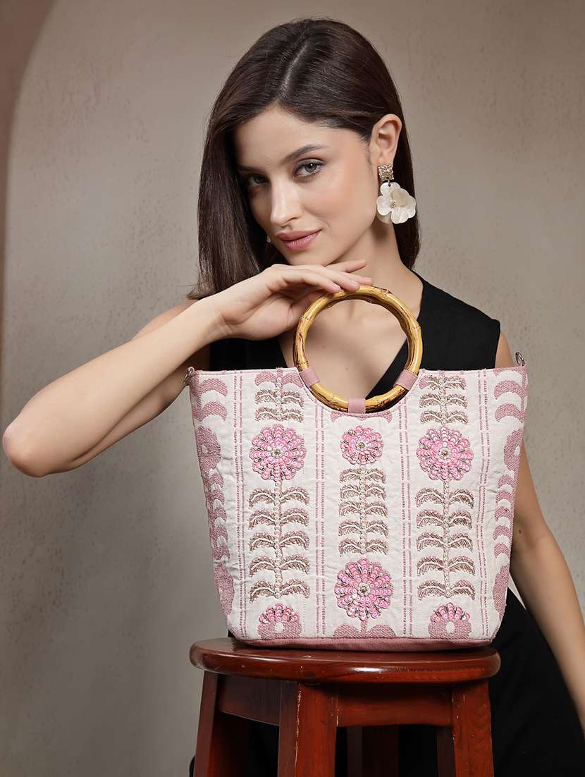 floral cotton handbag with wooden handle