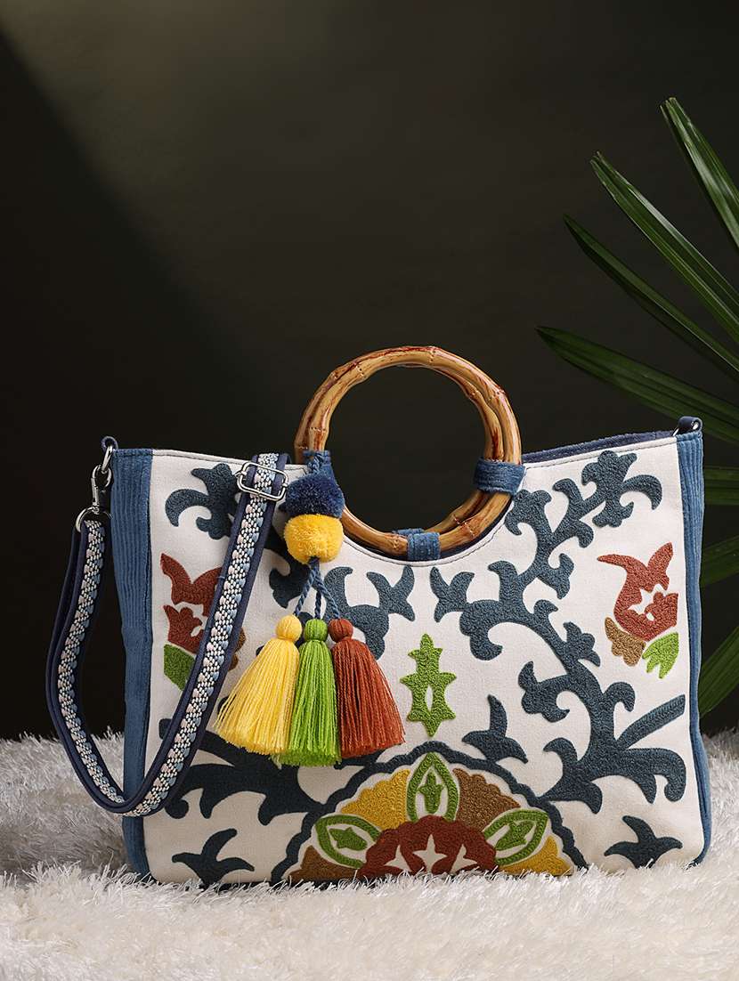 floral embroidered canvas handheld bag with tassels
