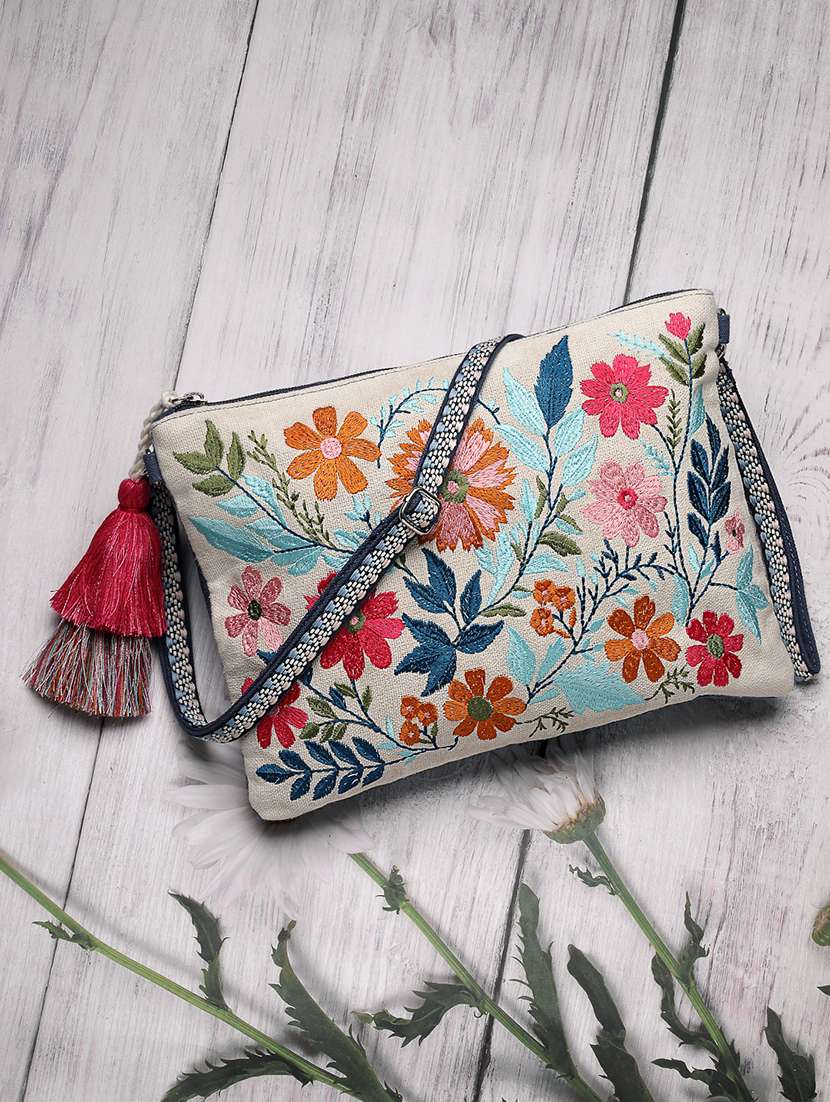 floral embroidery canvas sling bag for women