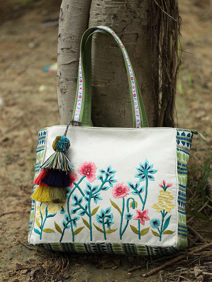 floral embroidered cotton canvas bohemian tote bag