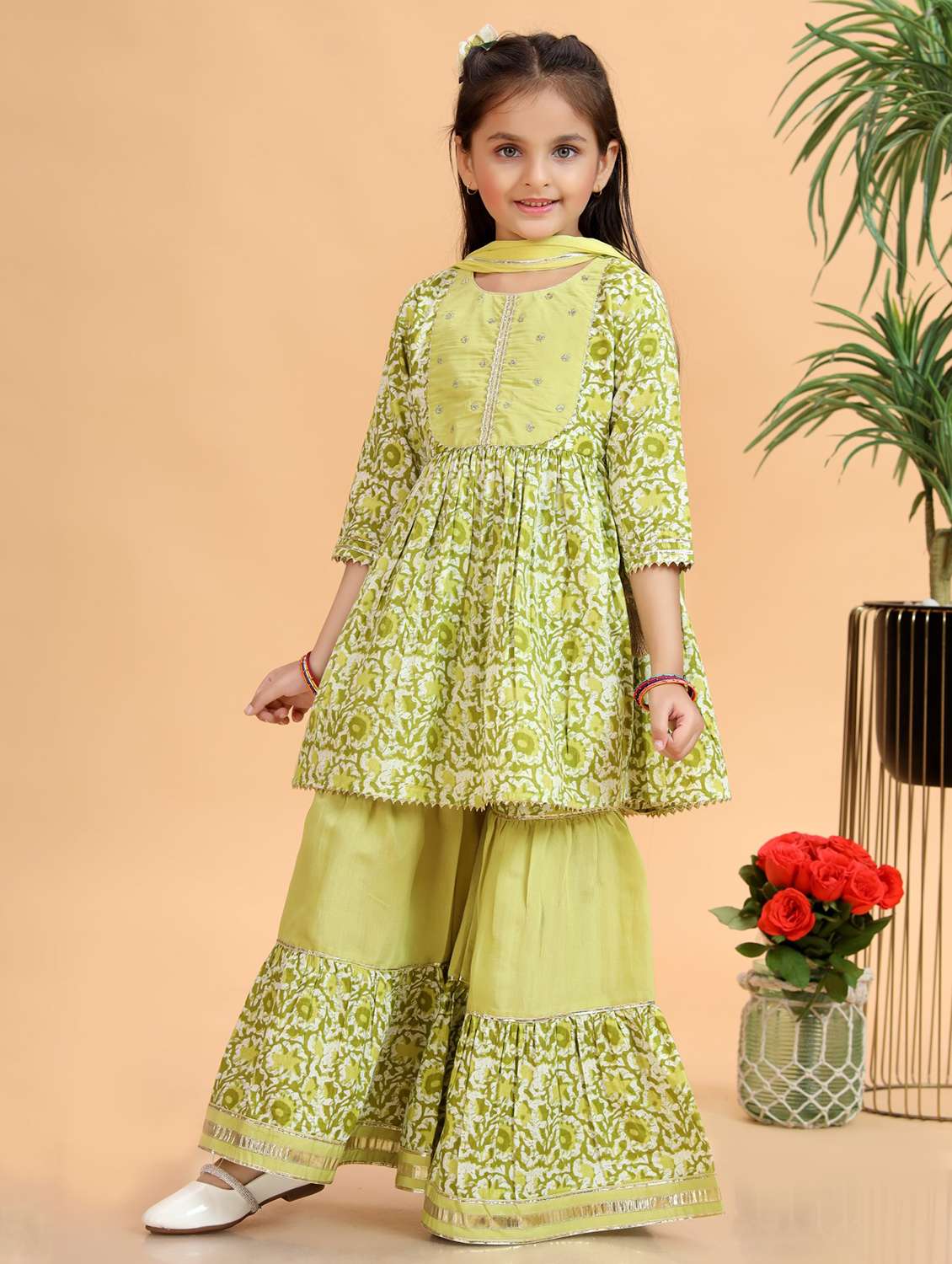 girls printed kurta and sharara with dupatta set - 22143108 -  Standard Image - 2