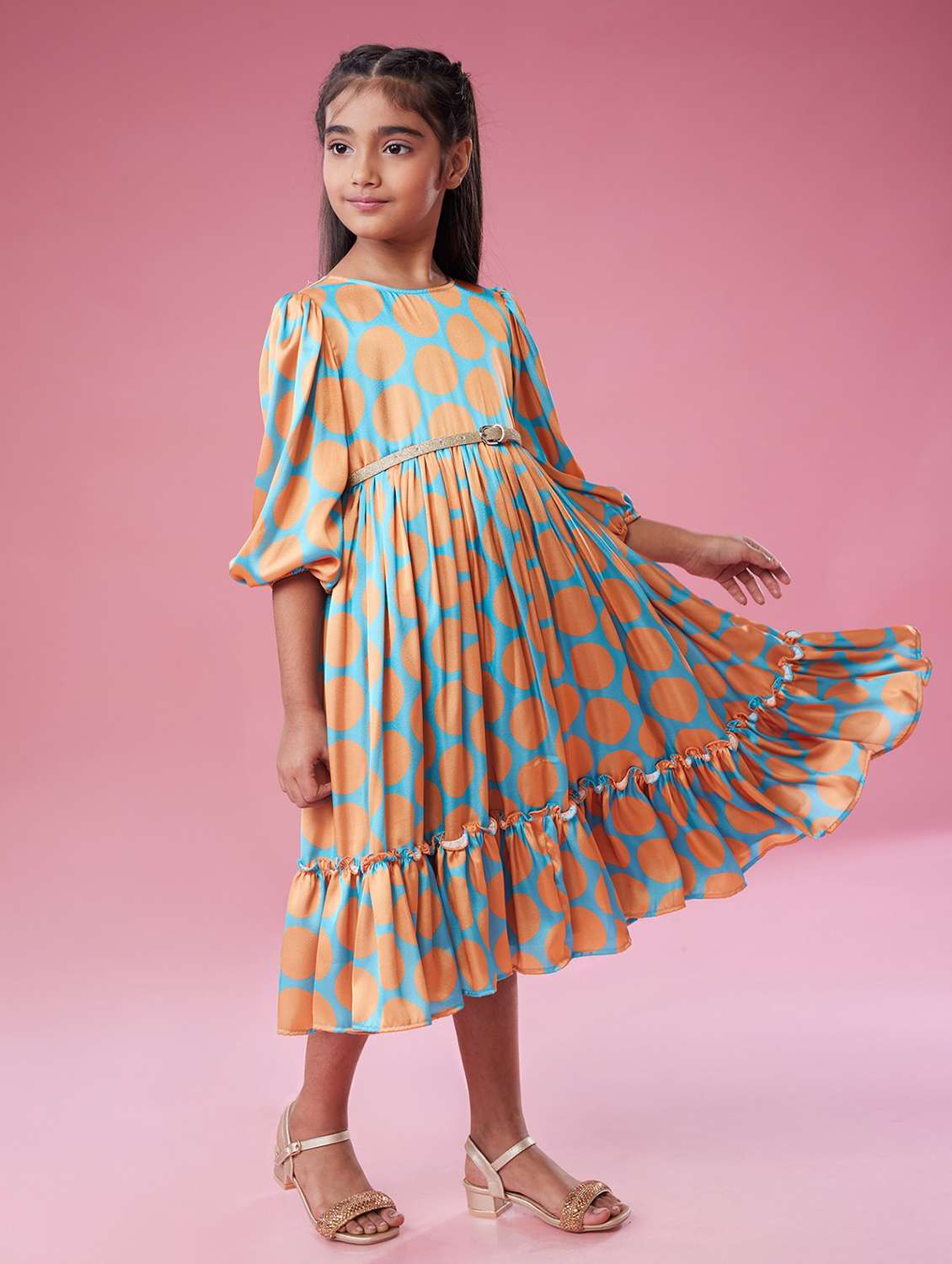 girls polka doted puff sleeve tiered fit & flare dress - 22143117 - Standard Image - 2