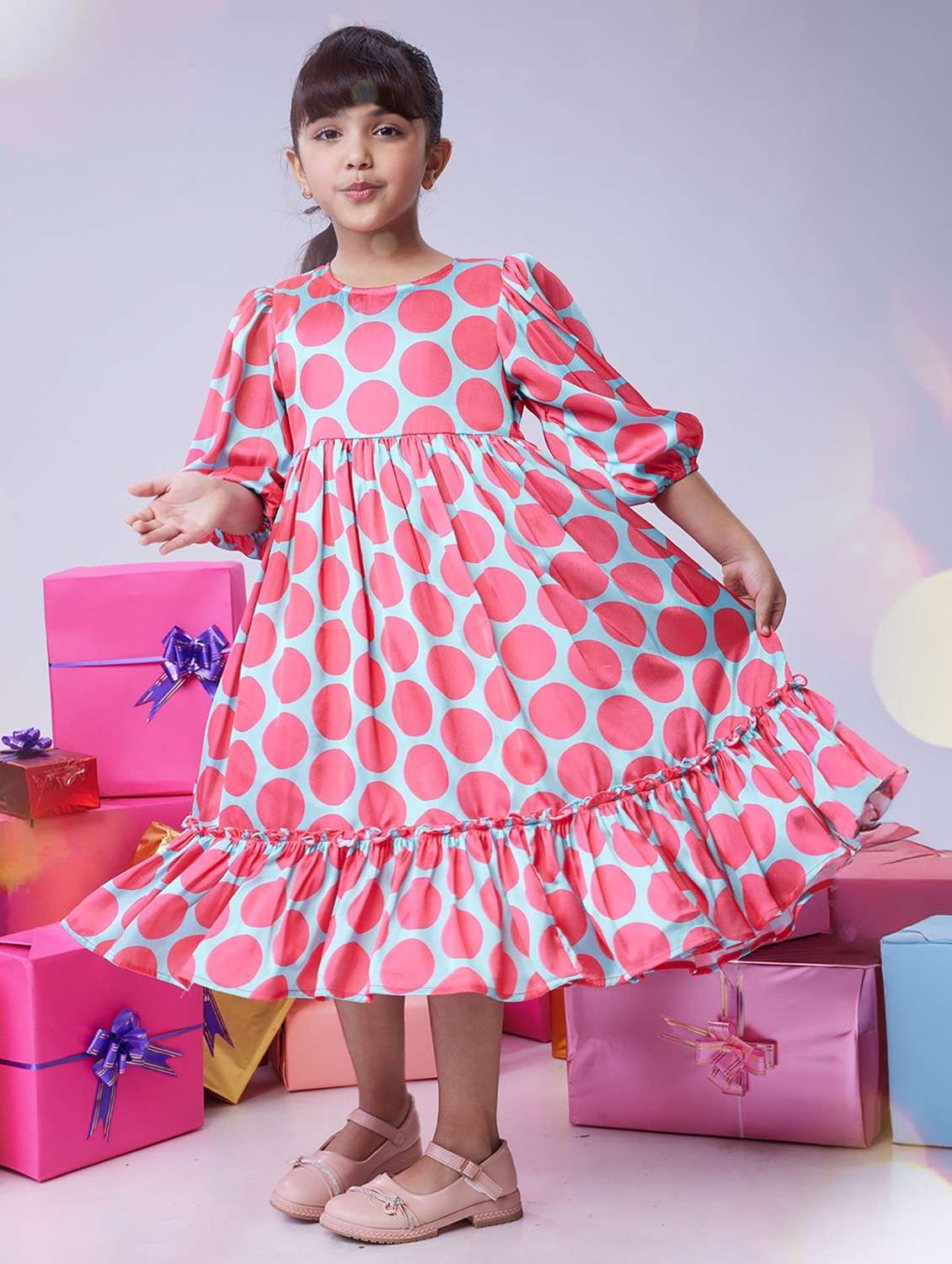 girls polka doted puff sleeve tiered dress - 22143148 -  Standard Image - 2