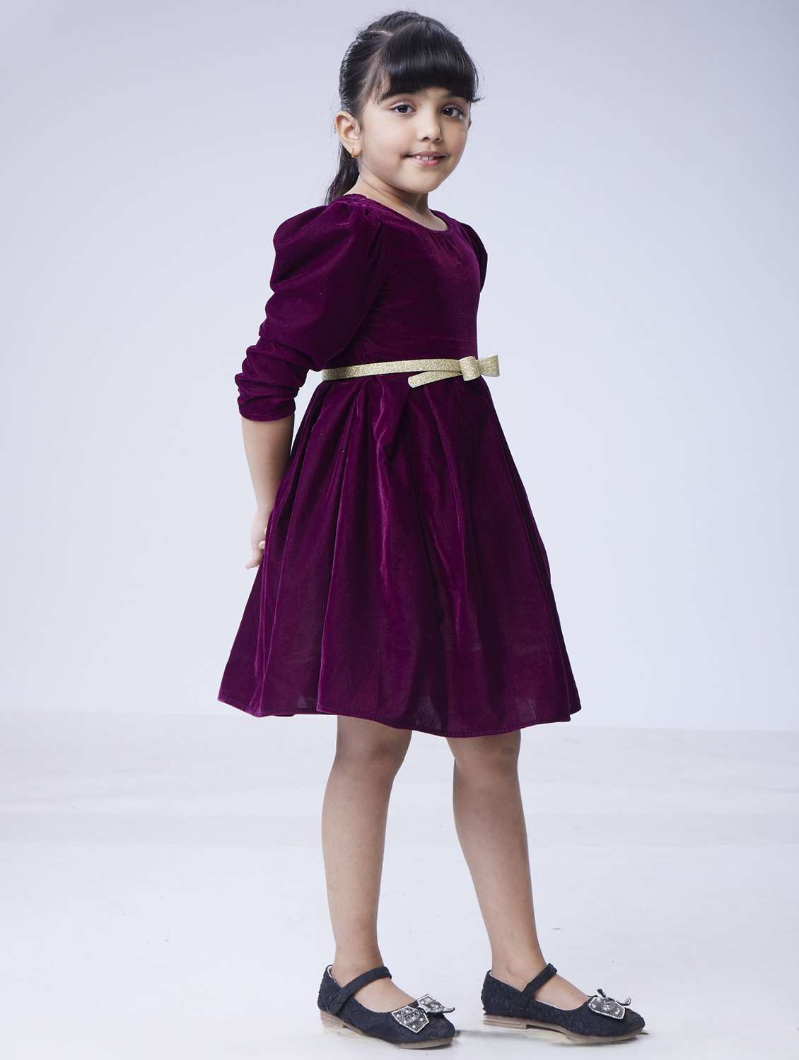 girls solid puff sleeve fit & flared dress - 22143150 - Standard Image - 2