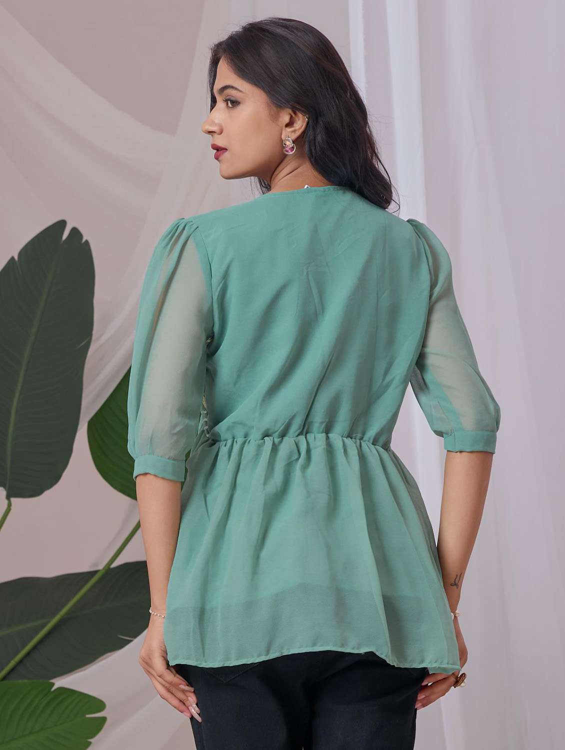 women embroidered puff sleeve a line top - 22143324 - Standard Image - 2