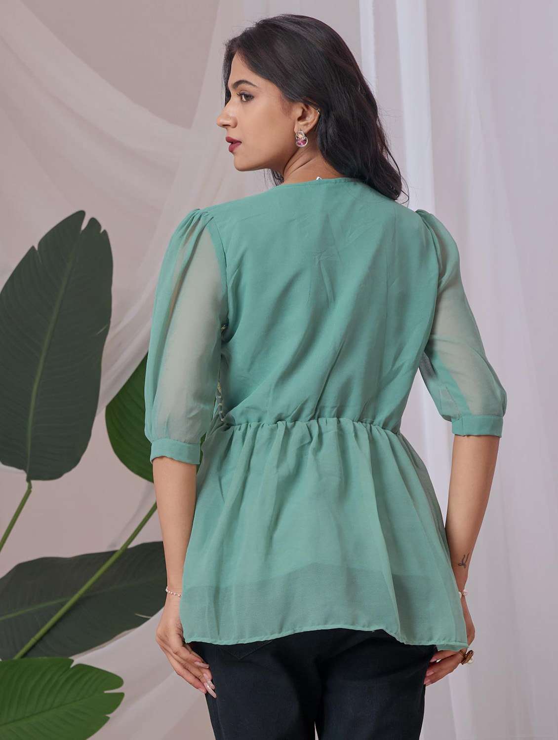 women embroidered puff sleeve a line top - 22143328 - Standard Image - 2