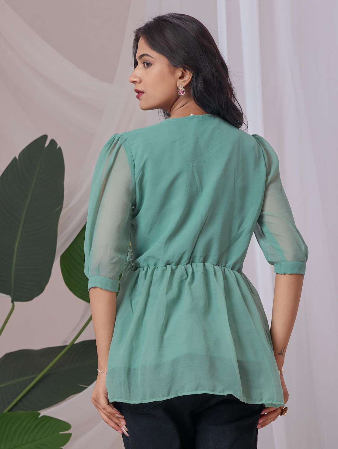 women embroidered puff sleeve a line top - 22143331 - Standard Image - 2