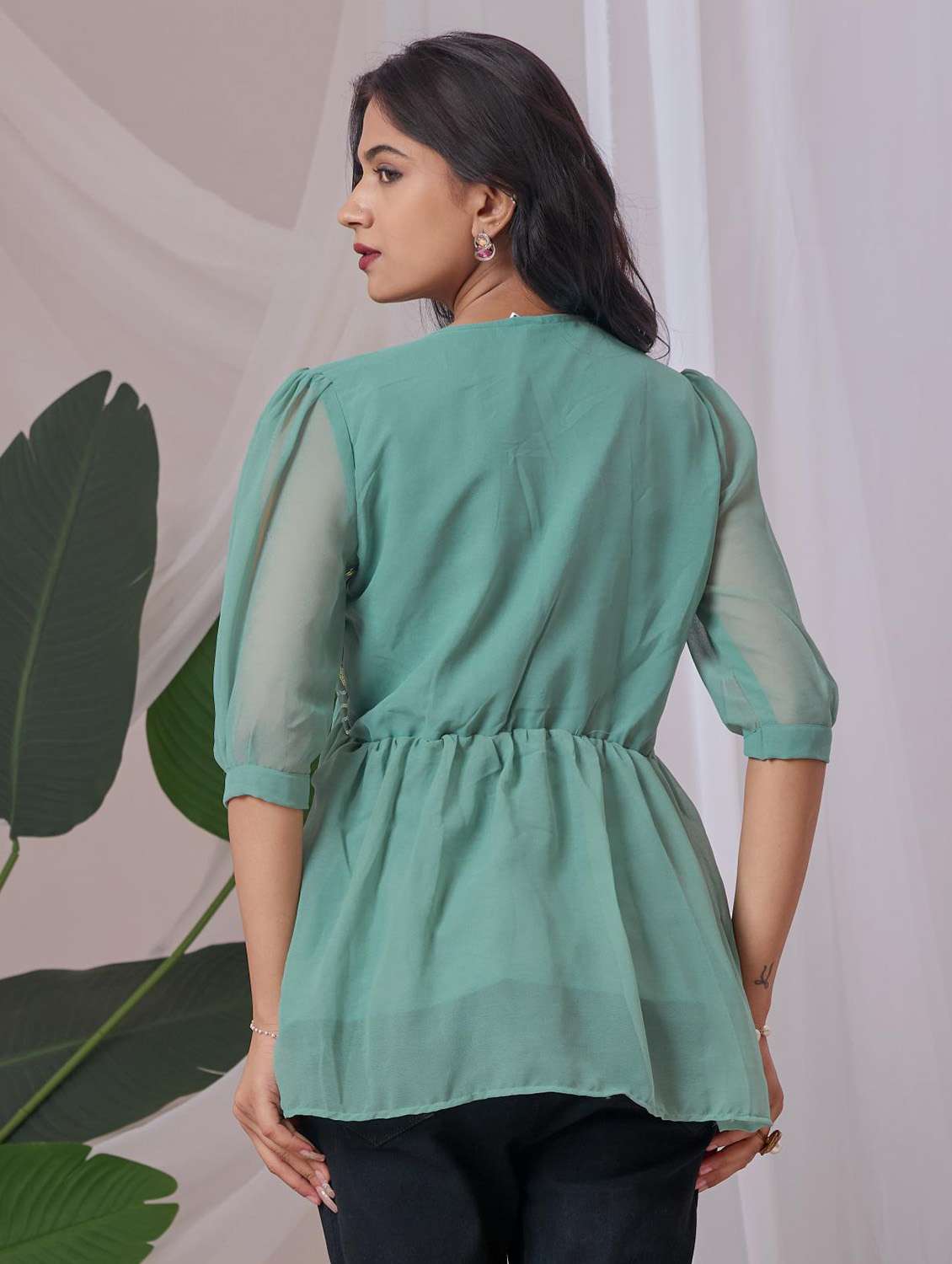 women embroidered puff sleeve a line top - 22143335 - Standard Image - 2