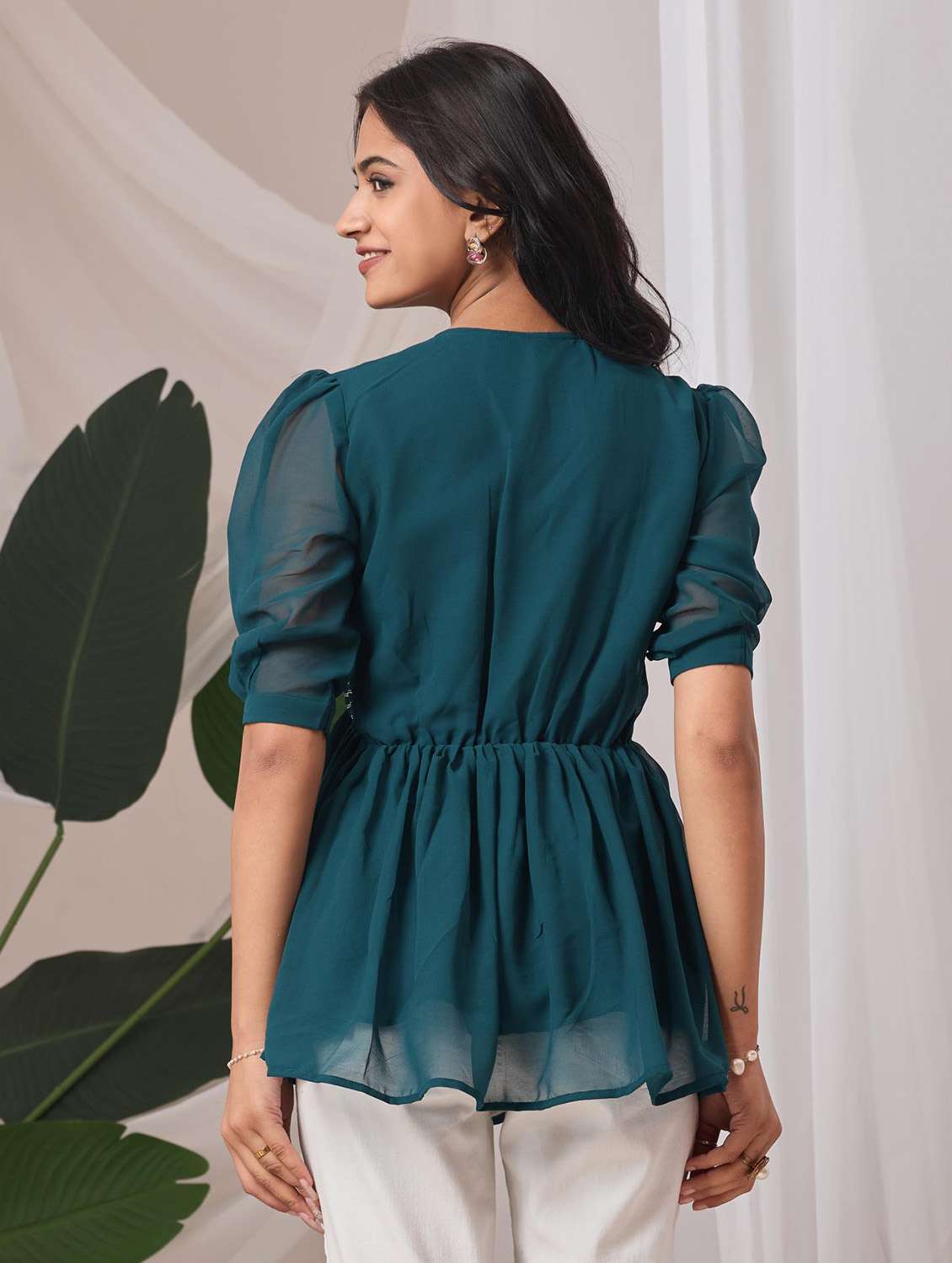 women embroidered puff sleeve a line top - 22143337 - Standard Image - 2