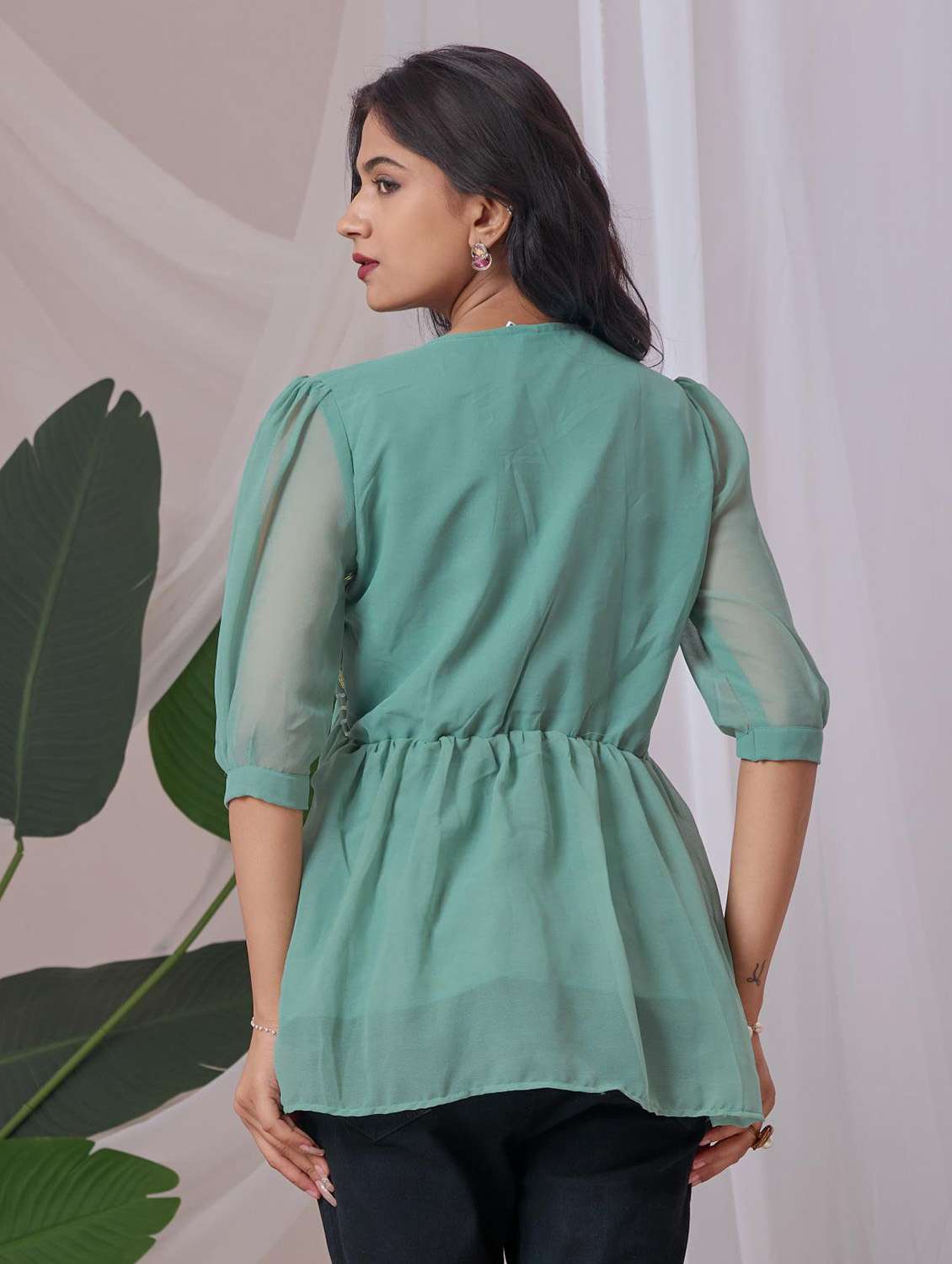 women embroidered puff sleeve a line top - 22143339 - Standard Image - 2