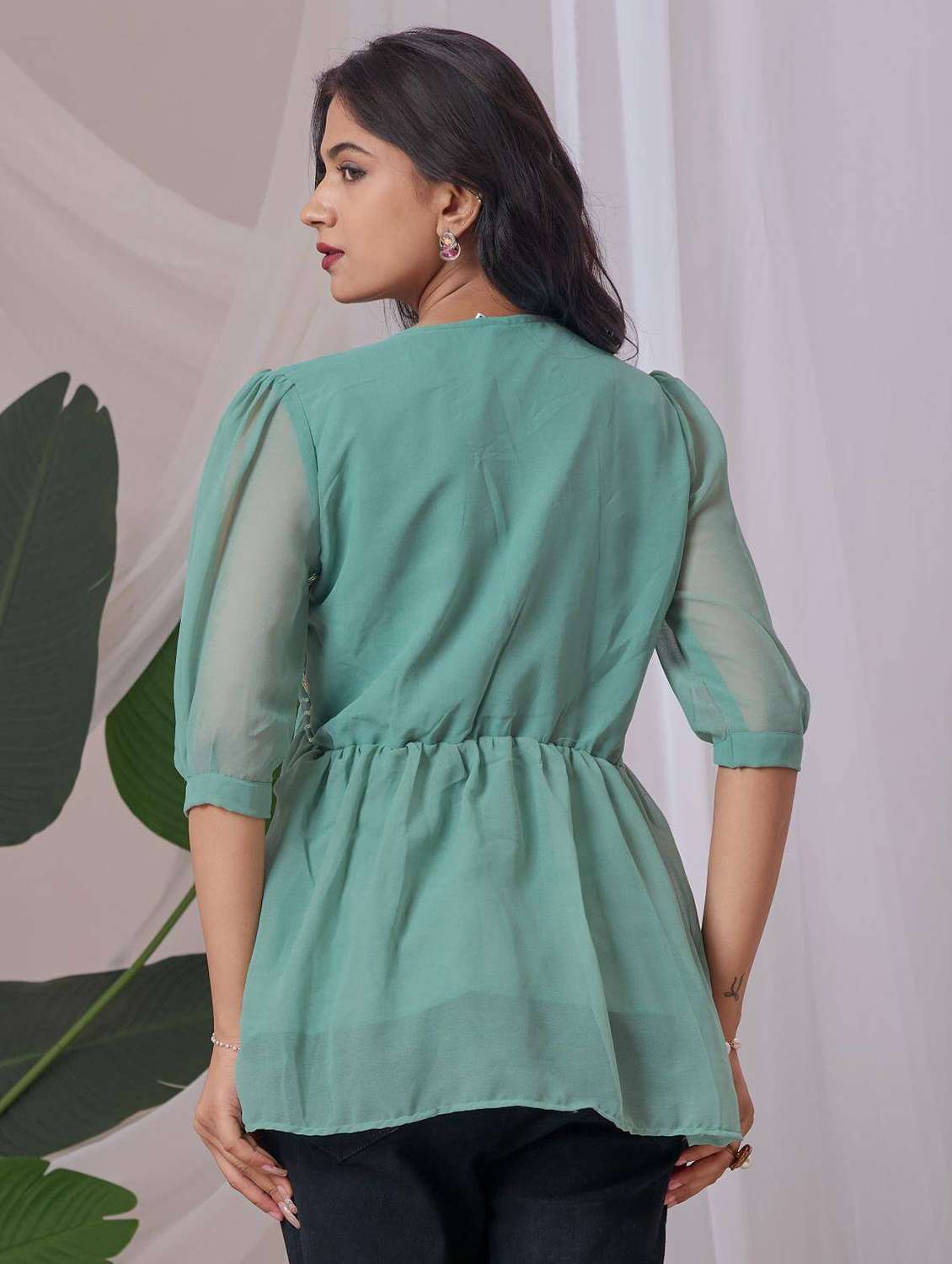 women embroidered puff sleeve a line top - 22143343 - Standard Image - 2