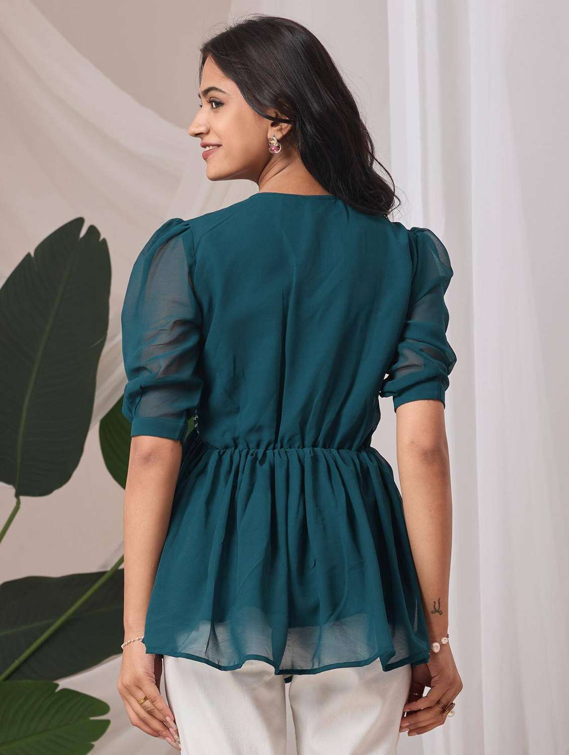 women embroidered puff sleeve a line top - 22143345 - Standard Image - 2