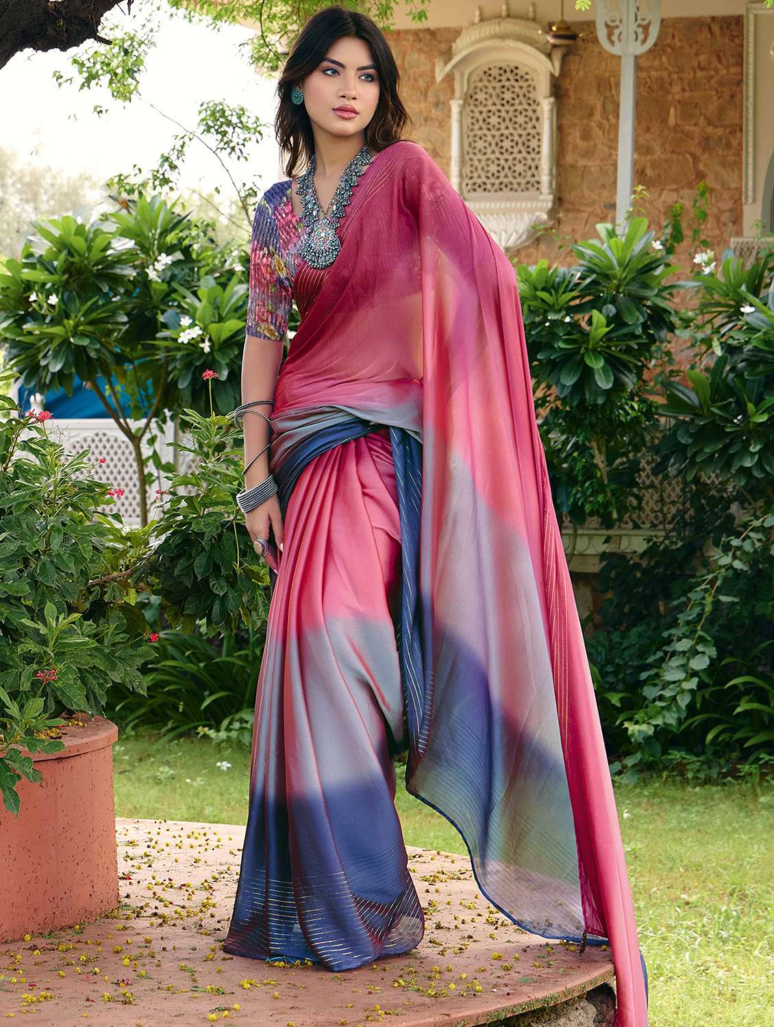 women ombre printed saree with blouse