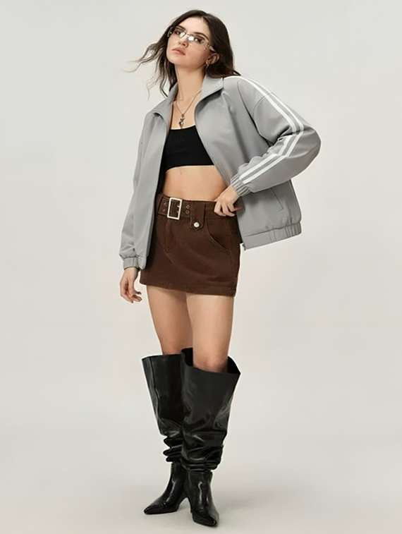 women solid stand collar long sleeve jacket - 22143720 - Standard Image - 2