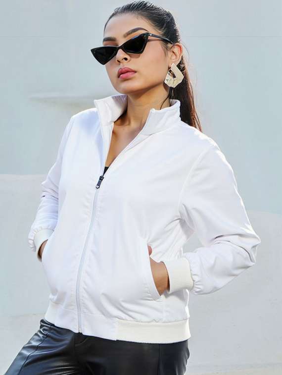 women solid stand collar long sleeve jacket