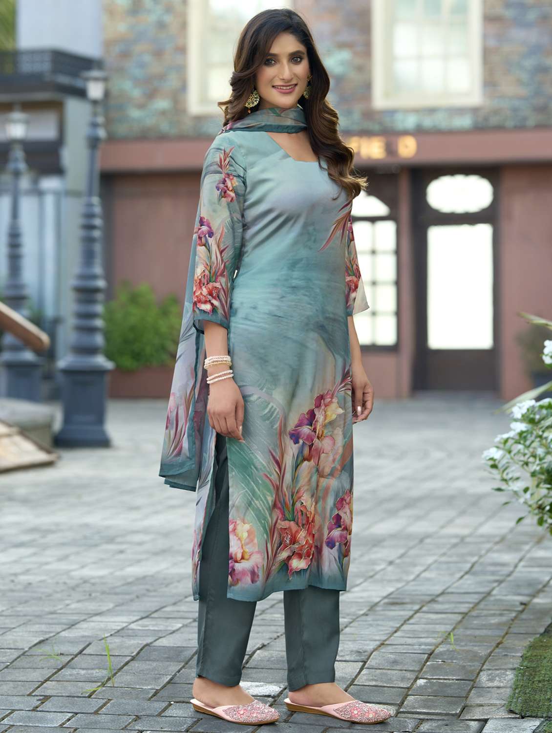 women floral printed three quarter sleeve kurta pant with dupatta set - 22143775 -  Standard Image - 2
