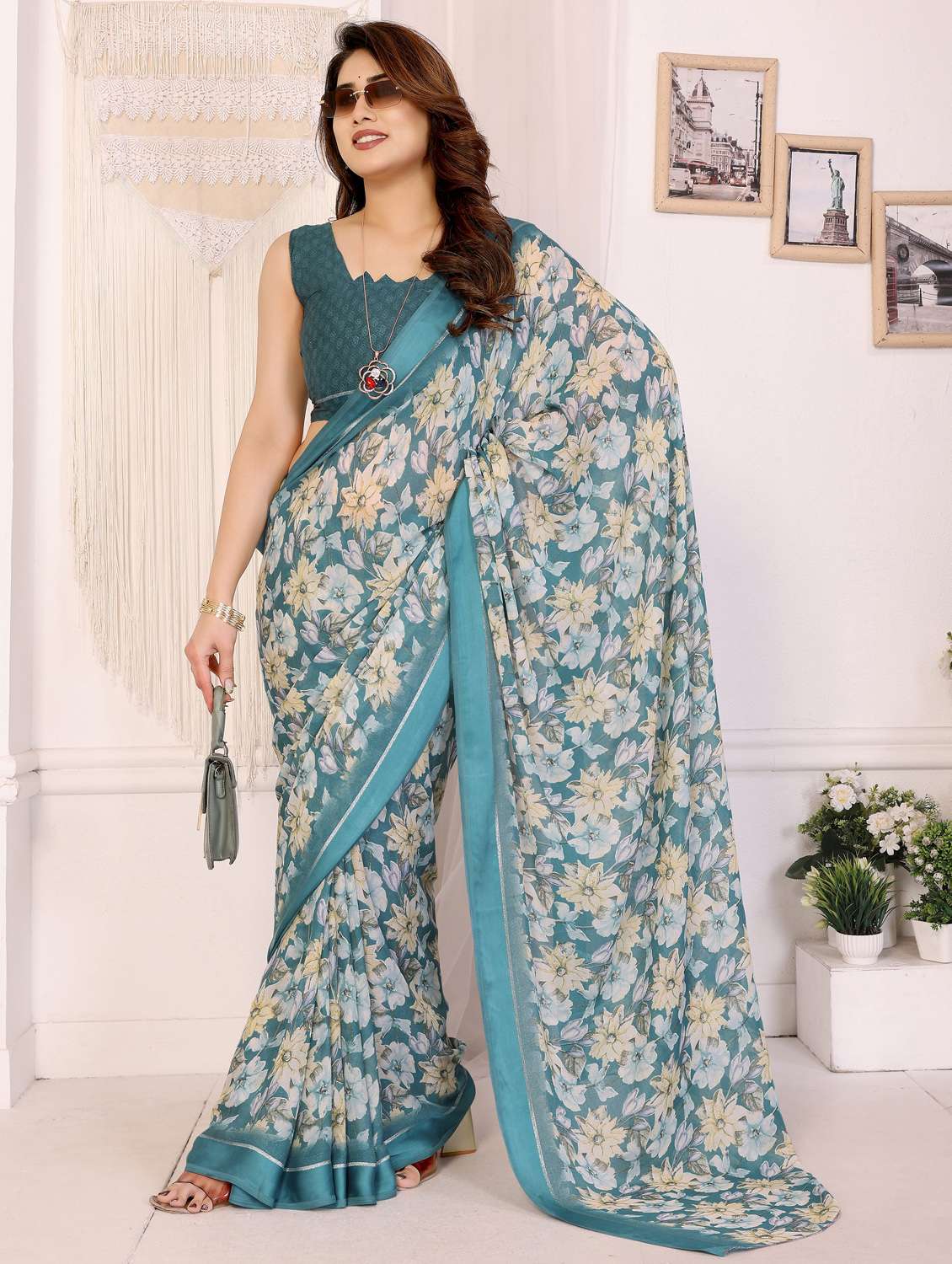 women floral printed saree with blouse - 22143850 -  Standard Image - 2