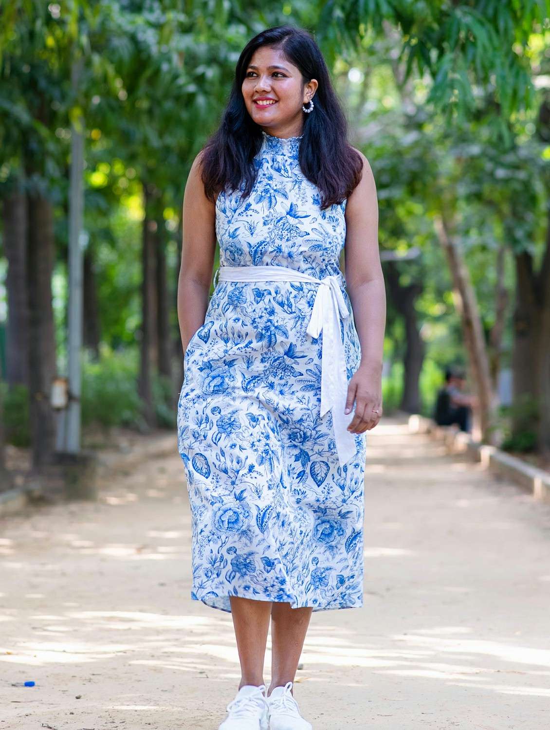 women printed sleeveless halter neck a-line dress